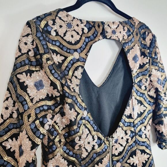 MARINEBLU Gold Blue Sequin V-neck Keyhole Back Dress Size M - Picture 8 of 11